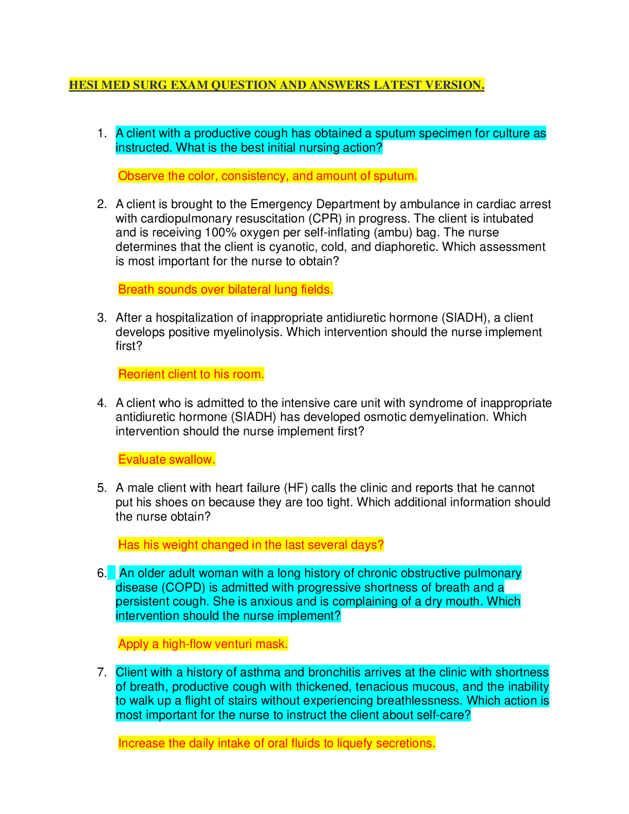 Recommended document preview for HESI MED SURG EXAM QUESTION AND ANSWERS LATEST VERSION 2022.